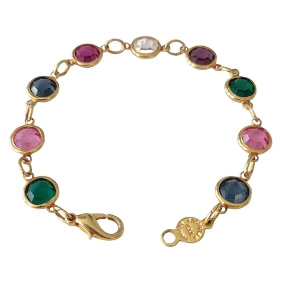 Austria Pink Blue Green Gold Tone Caged Crystal Chain Bracelet, 7.25" Long E757 - Picture 2 of 6